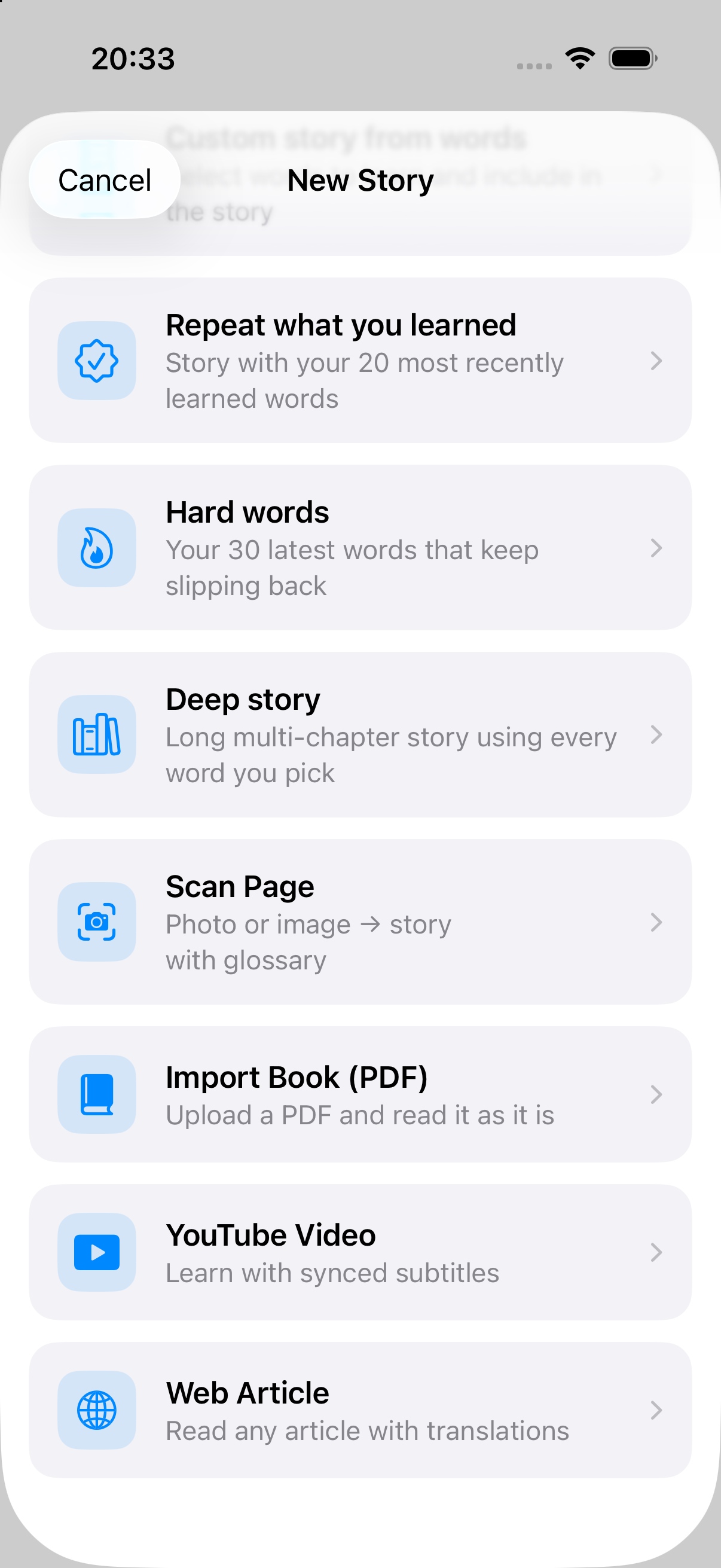 Add a story, scan a page, import a PDF, or open a link