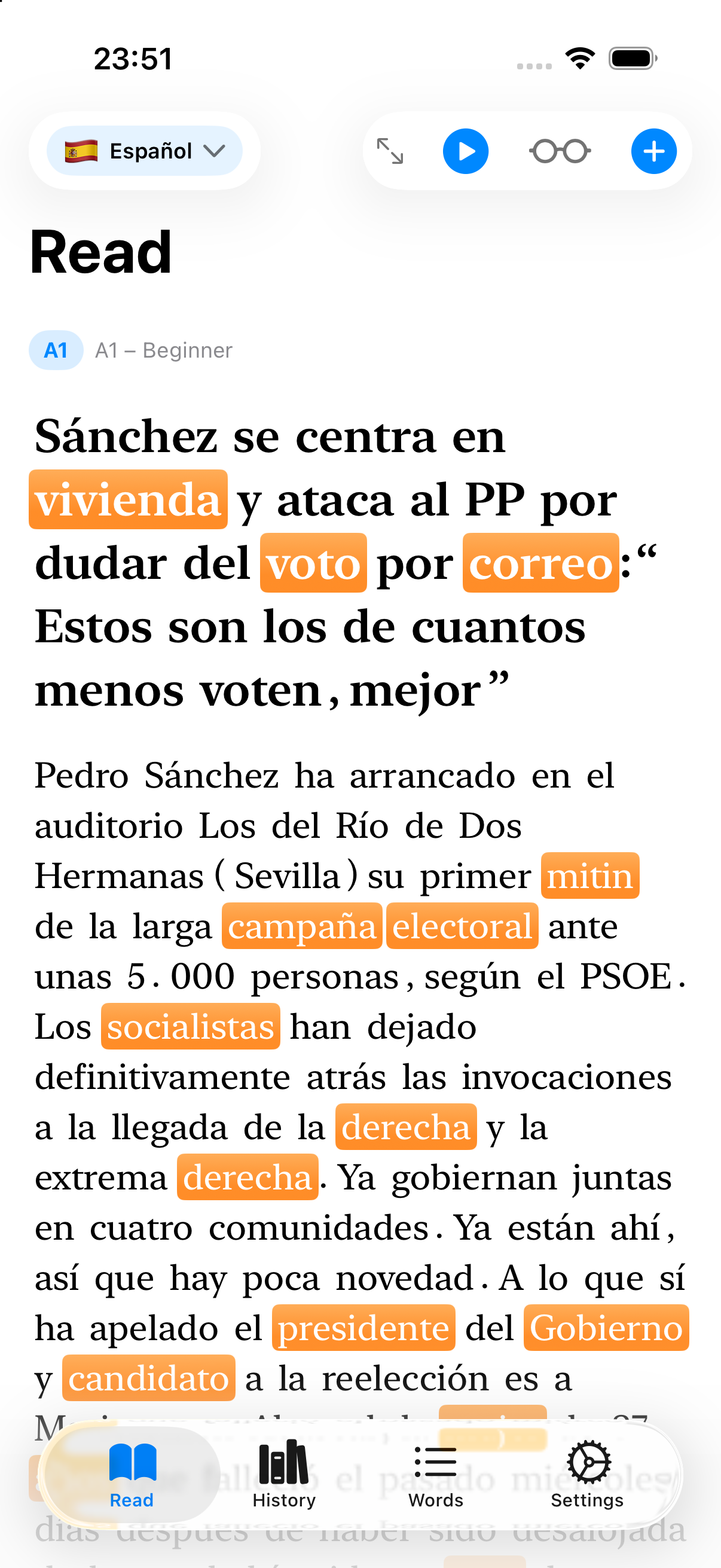 Article with unknown words highlighted