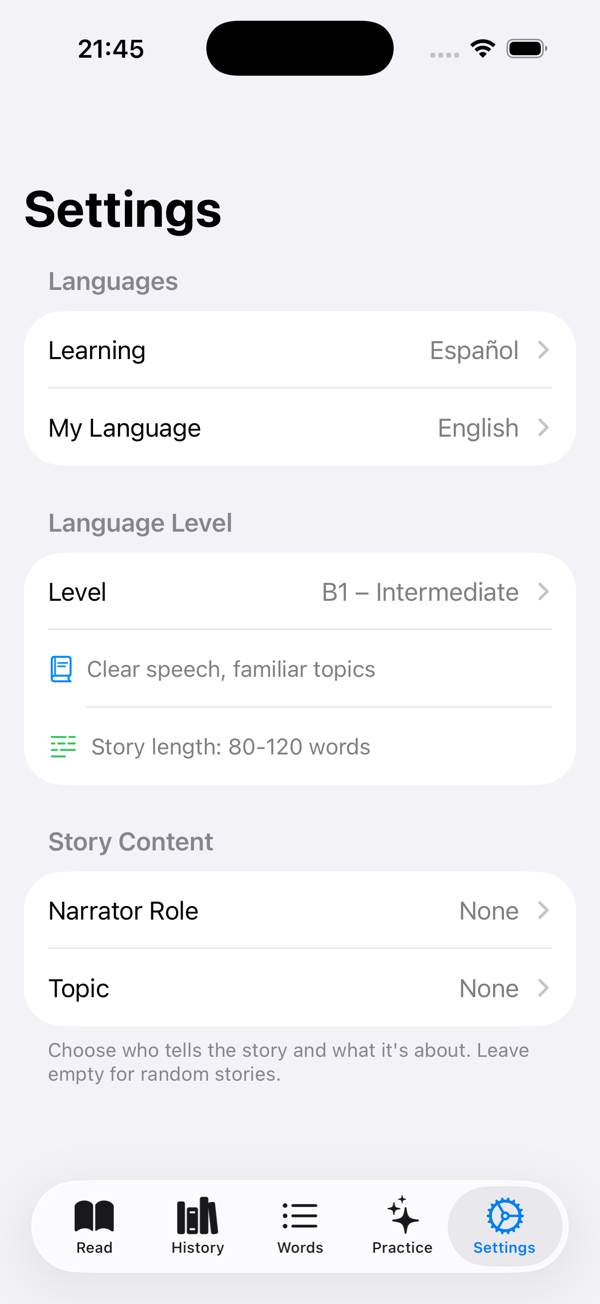 Settings for language, level, and story content