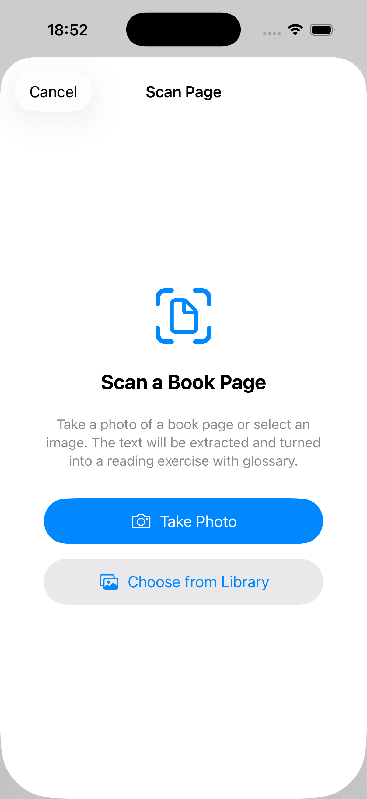 Scan a book page to create a reading exercise