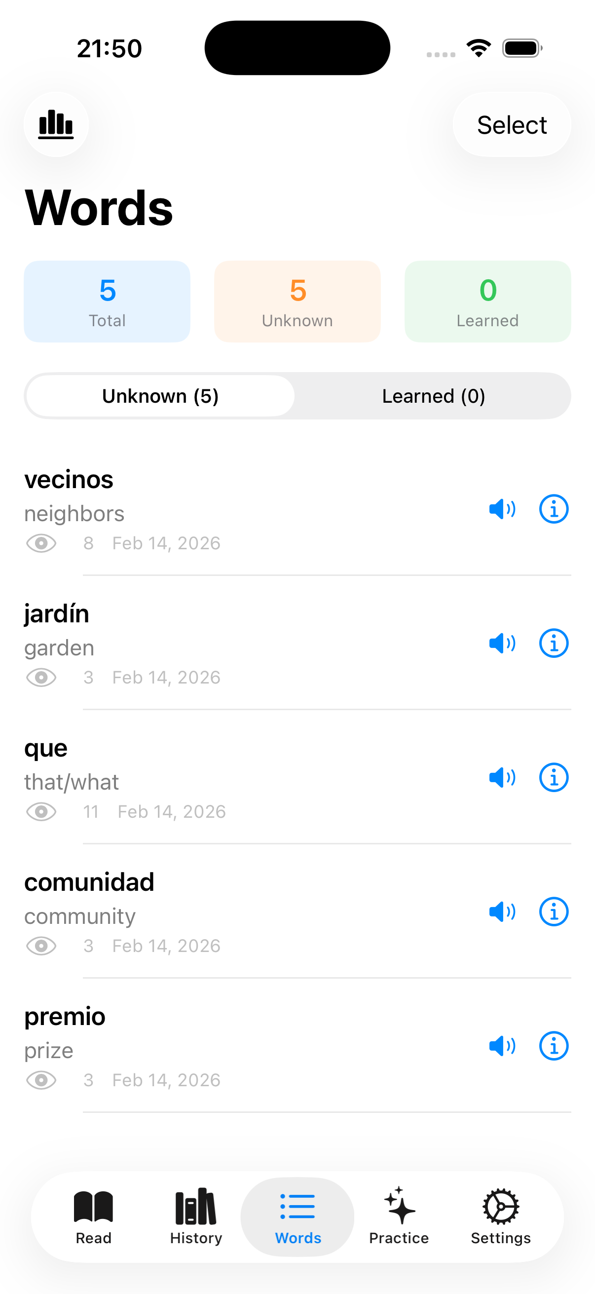 Vocabulary tracker with unknown and learned words